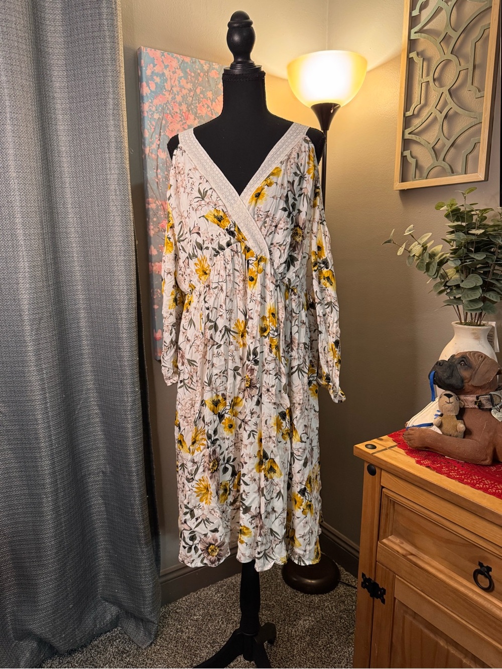 torrid Cream Floral Cold Shoulder Midi Dress with Yellow Blooms